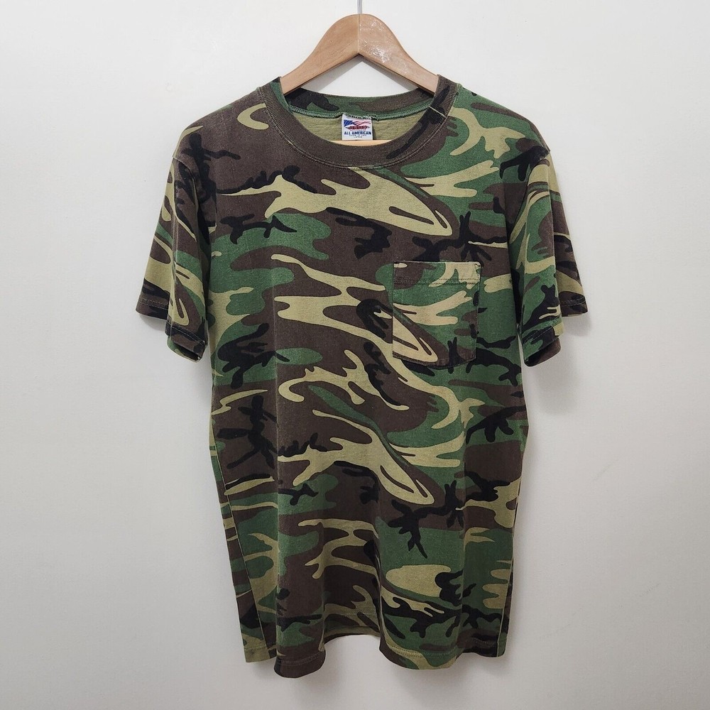 JENSEN ALL AMERICAN Men's Green Camouflage Crew Neck T Shirt Front Pocket Size L